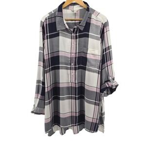 Cato Womens Pink Plaid Tunic Shirt Long Sleeve Collared Button Front Fall Preppy